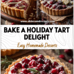 Golden-baked Cranberry Tart with a white chocolate drizzle on a rustic Christmas table.